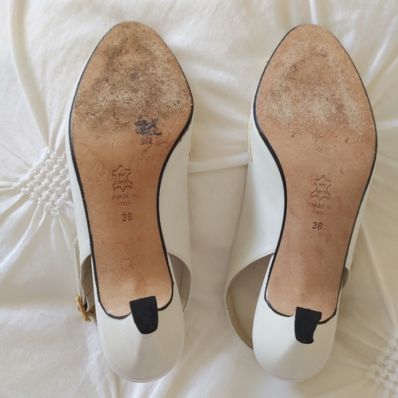 Bologna vintage ivory & cream peep toe sling back kitten heels sz 38 - Picture 3 of 3